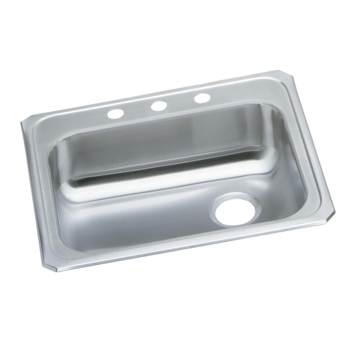 Stainless steel drop-in sink with single bowl, two holes on rim, and right-side drain opening.