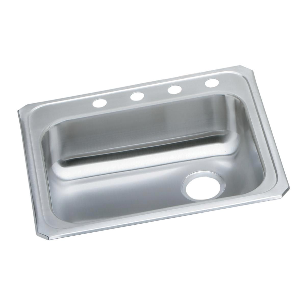 Stainless steel drop-in sink with single bowl, four mounting holes along top rim, and drain opening on right side.