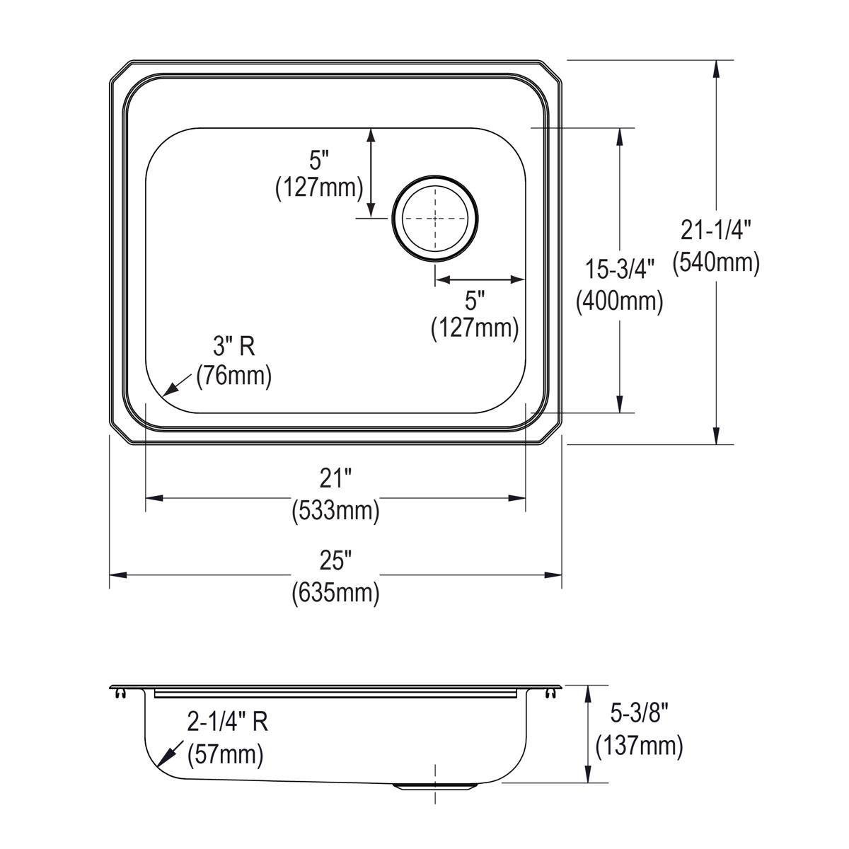 Stainless steel single bowl drop-in sink with 3-hole configuration, rounded corners, and right-side drain opening shown in to