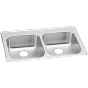 Stainless steel drop-in sink with two equal rectangular bowls and white rim, viewed from above at an angle.