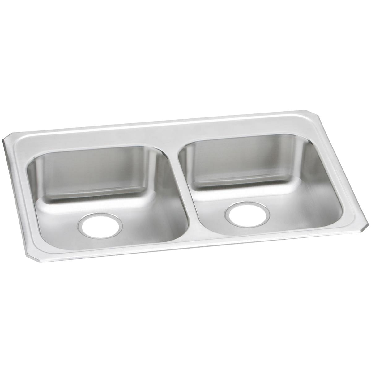Stainless steel drop-in sink with two equal rectangular bowls and white rim, viewed from above at an angle.