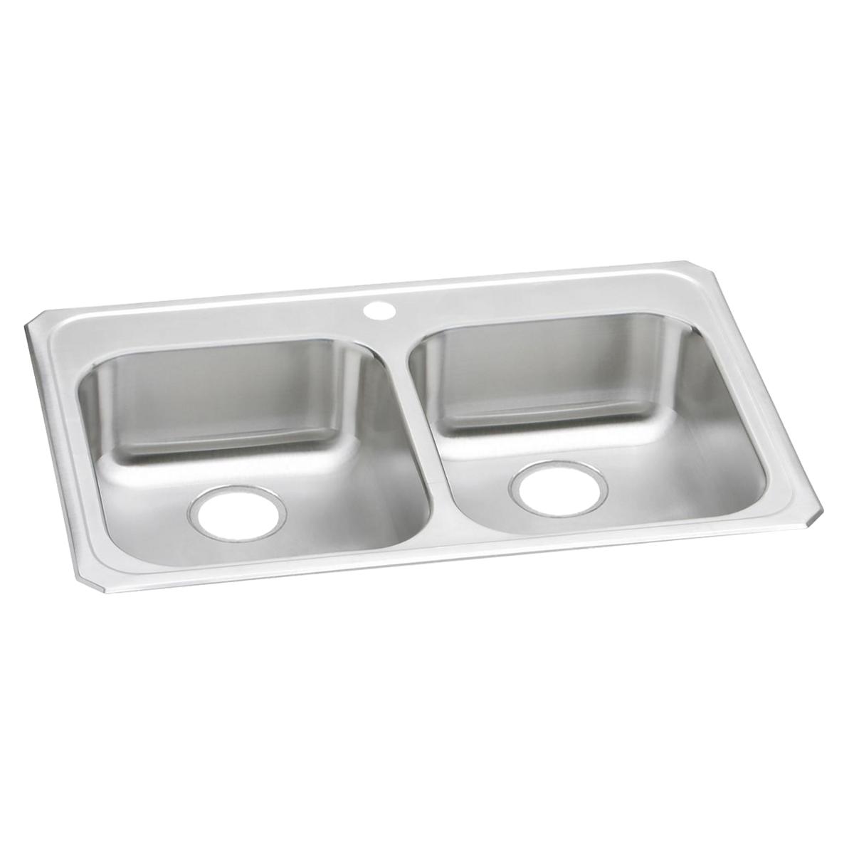 Stainless steel double bowl drop-in sink with two equal compartments and single faucet hole.