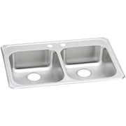 Stainless steel double bowl drop-in sink with two pre-drilled holes and equal-sized rectangular basins.
