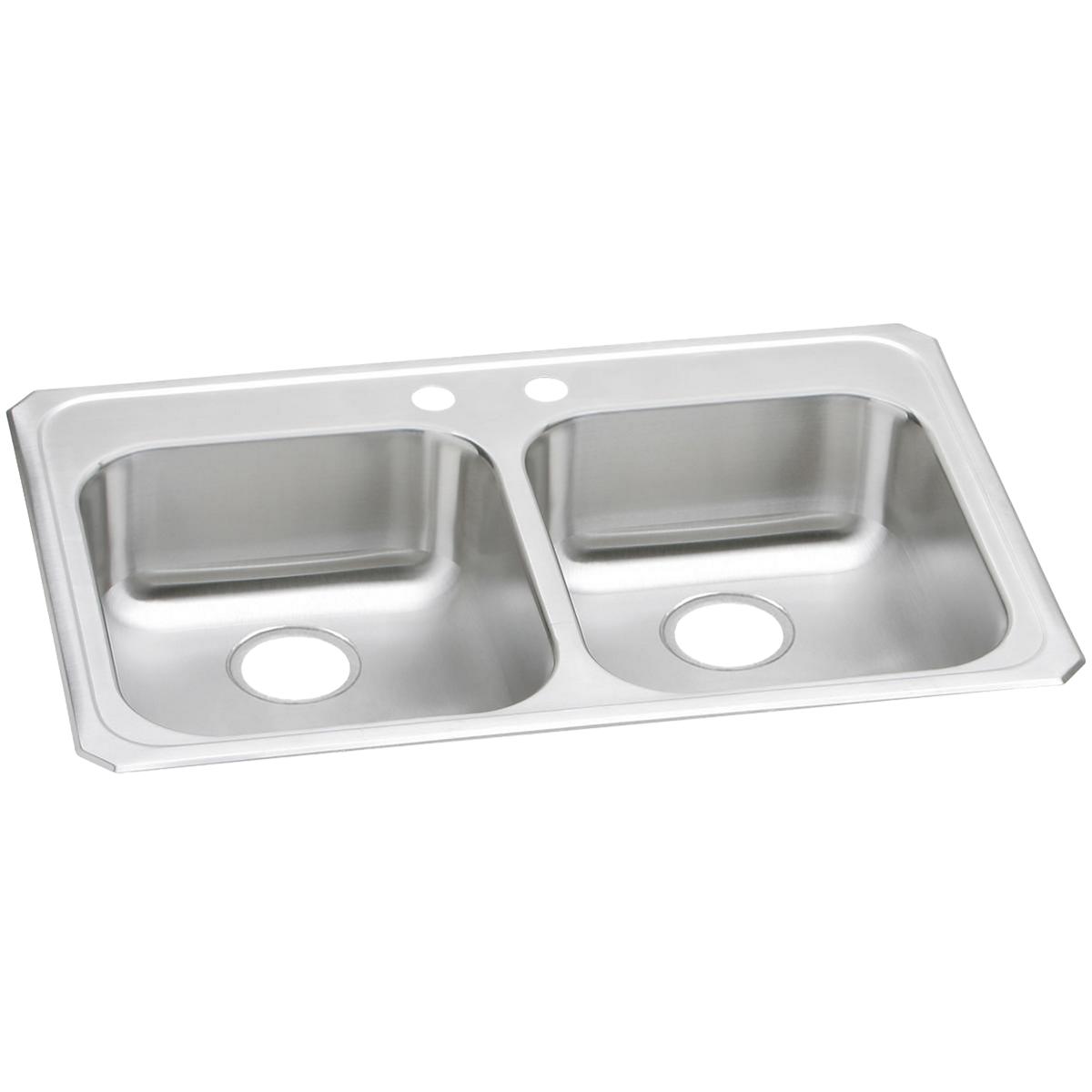 Stainless steel double bowl drop-in sink with two pre-drilled holes and equal-sized rectangular basins.