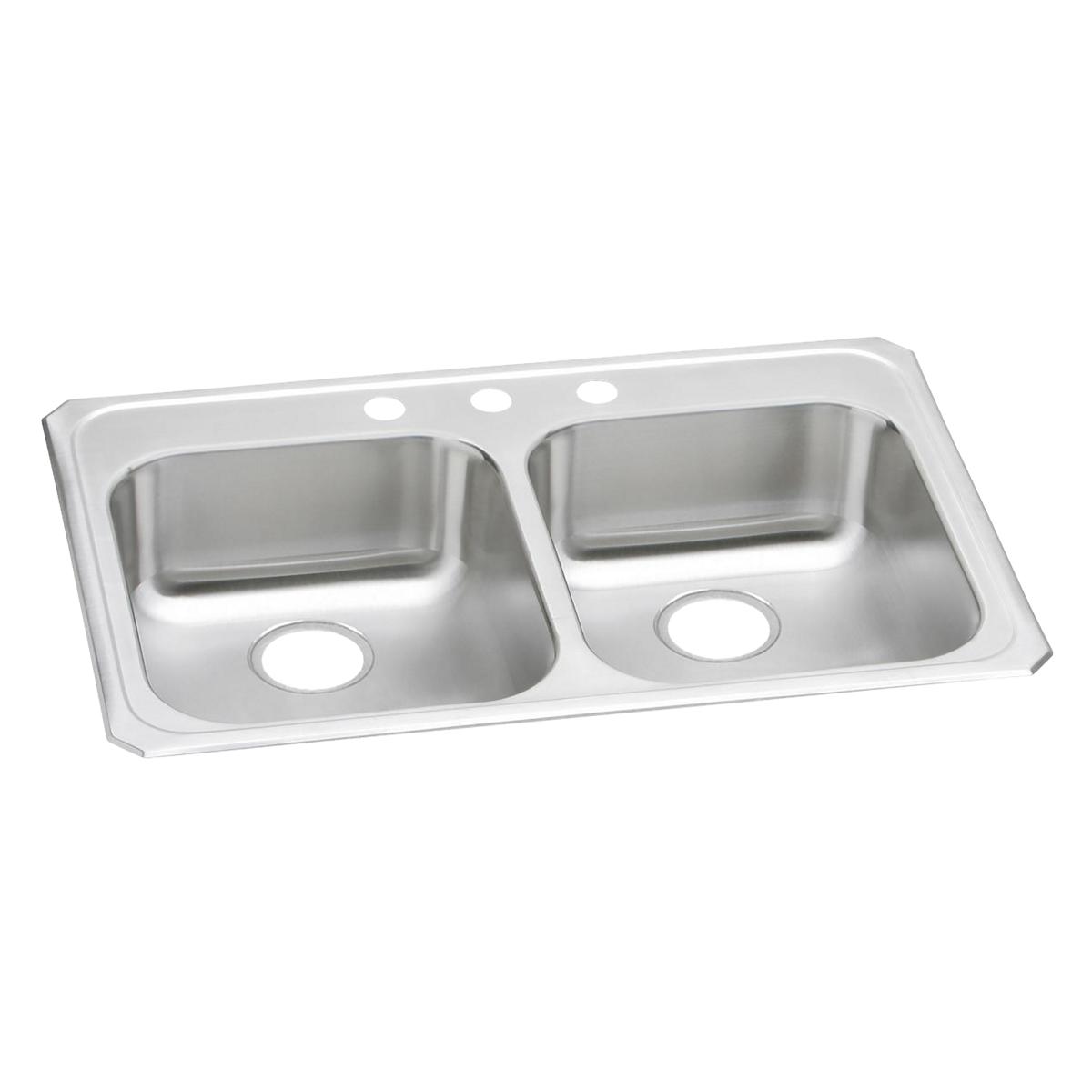 Stainless steel double bowl drop-in sink with three mounting holes across the rim.