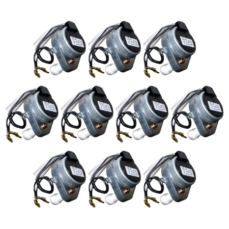 Ten gray and black humidifier motors with attached black cords and brass connectors arranged in rows.