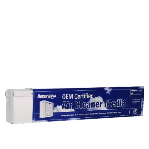 Three white pleated air filter media panels stacked next to blue packaging labeled "ReservedPro OEM Certified Air Cleaner Med