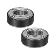 Two black rubber standpipe flood guards with threaded metal tops and mounting holes.