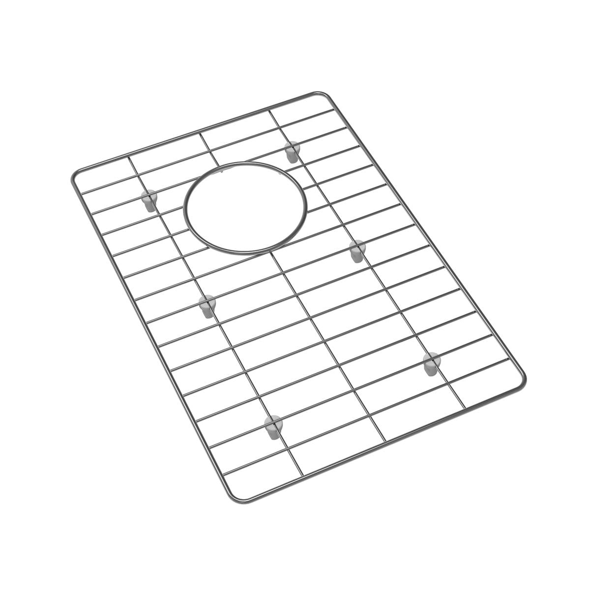 Stainless steel sink grid with rectangular wire pattern and center circular opening for faucet.