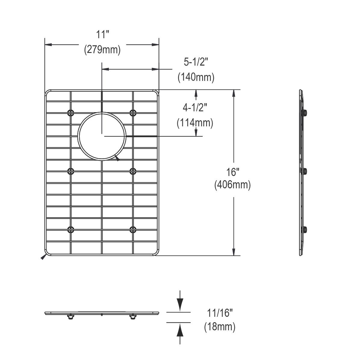 Stainless steel sink bottom grid with horizontal and vertical bars, circular drain opening, and mounting feet, shown with fro