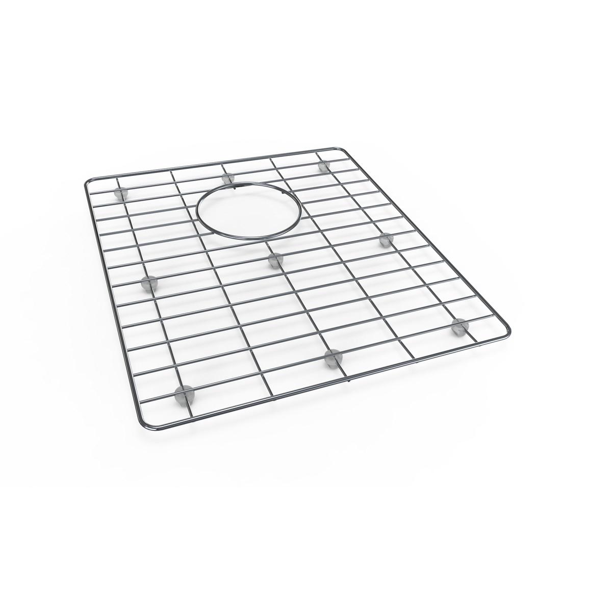Stainless steel sink grid with square mesh pattern and center drain hole cutout.