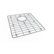 Stainless steel sink grid with square mesh pattern and center drain hole cutout.