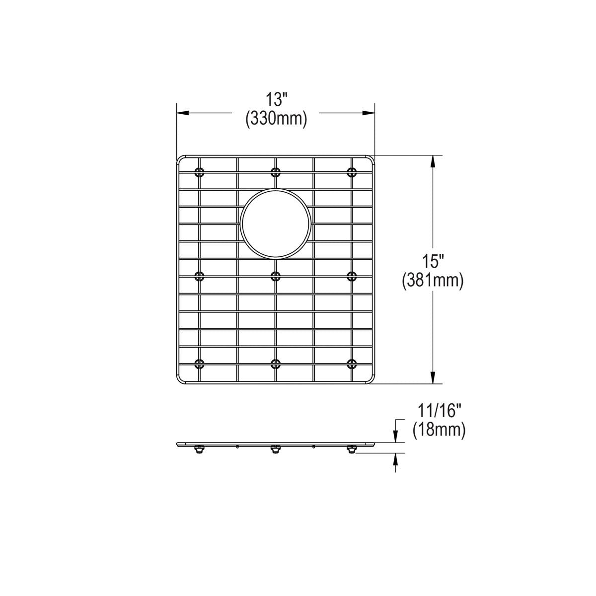 Stainless steel sink grid with square pattern and circular drain hole, 13" x 15" with mounting feet.