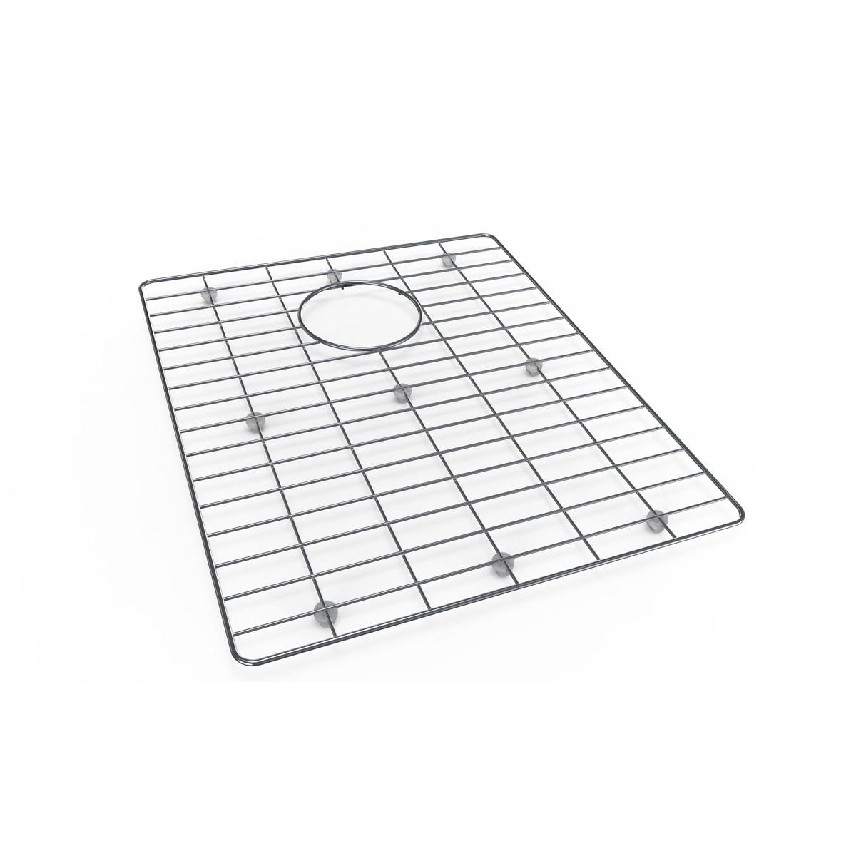 Stainless steel sink grid with rectangular wire pattern and center drain opening.