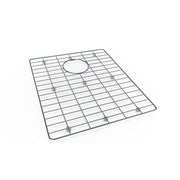 Stainless steel sink grid with rectangular wire pattern and center drain opening.