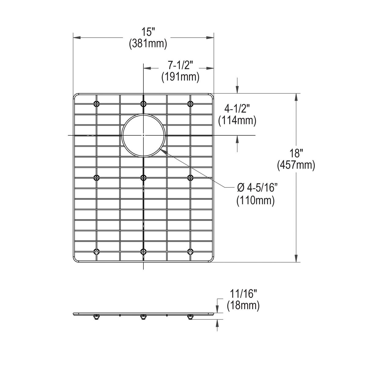 Stainless steel sink grid with rectangular mesh pattern and center drain opening, dimensions 15" x 18".