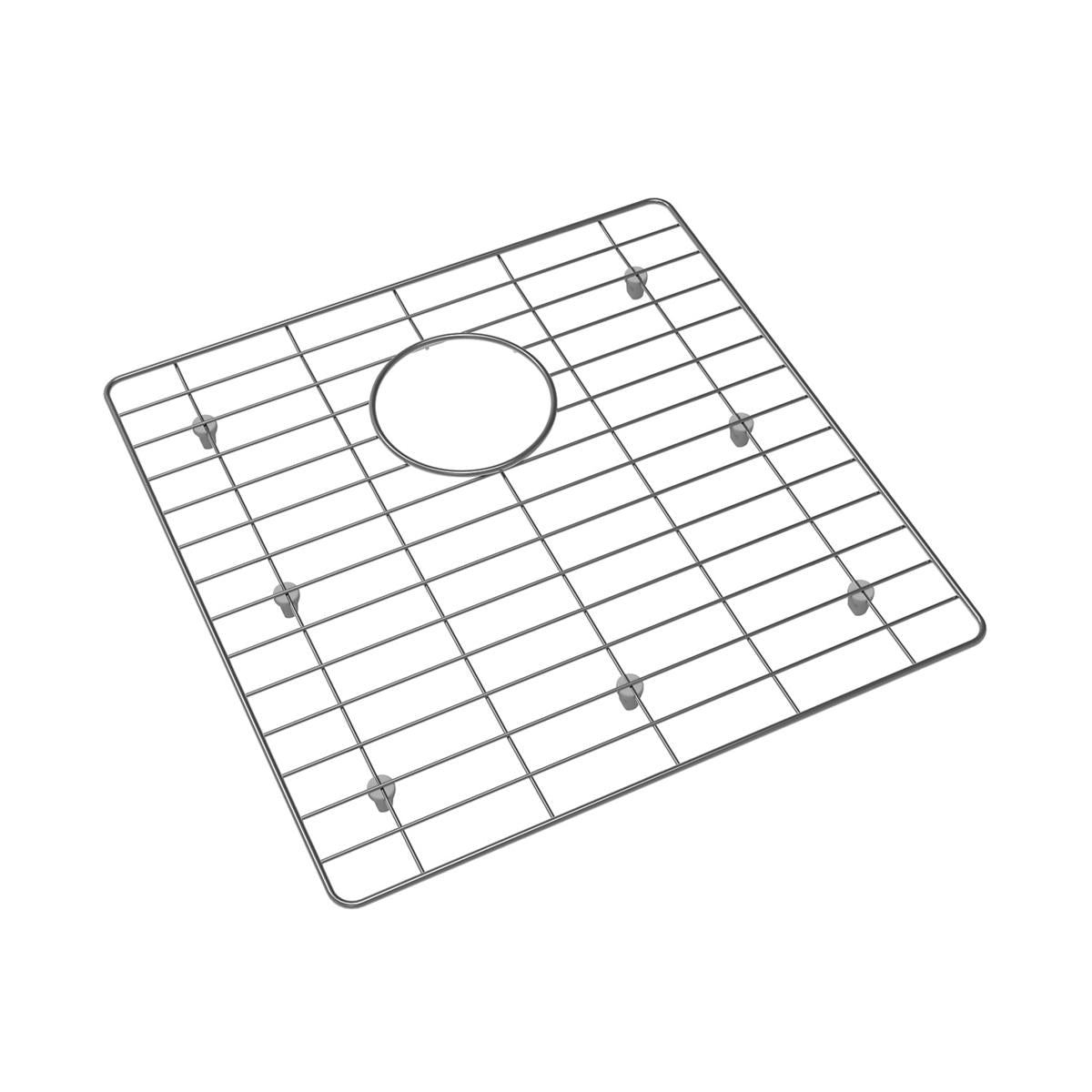 Stainless steel sink grid with rectangular openings and center drain hole, featuring rubber feet on underside.