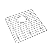 Stainless steel sink grid with rectangular openings and center drain hole, featuring rubber feet on underside.