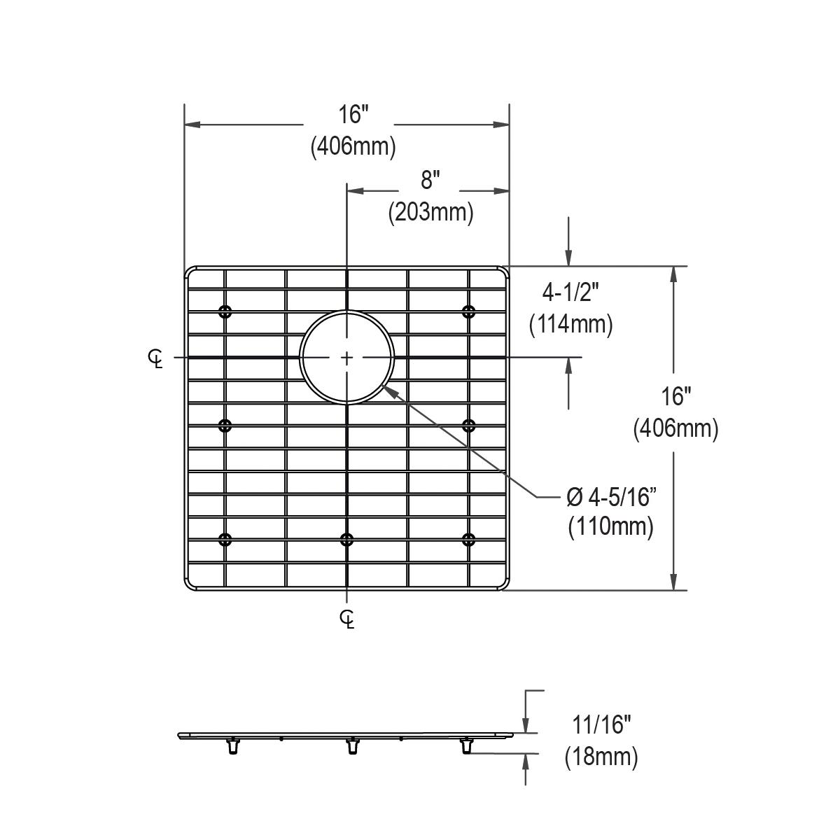 Stainless steel sink grid with square pattern and center drain opening, 16" x 16" with dimension measurements labeled.