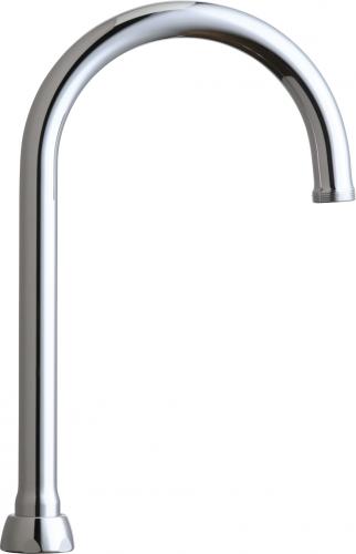 Chrome gooseneck faucet spout with rigid neck and curved arm ending in angled outlet.