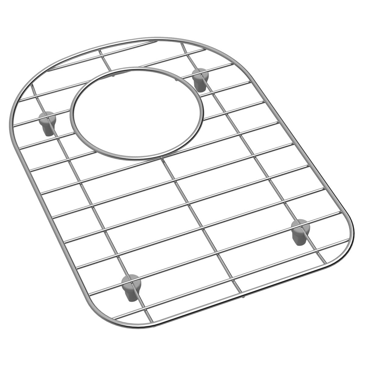 Stainless steel sink grid with wire mesh pattern and circular center opening with four mounting feet.