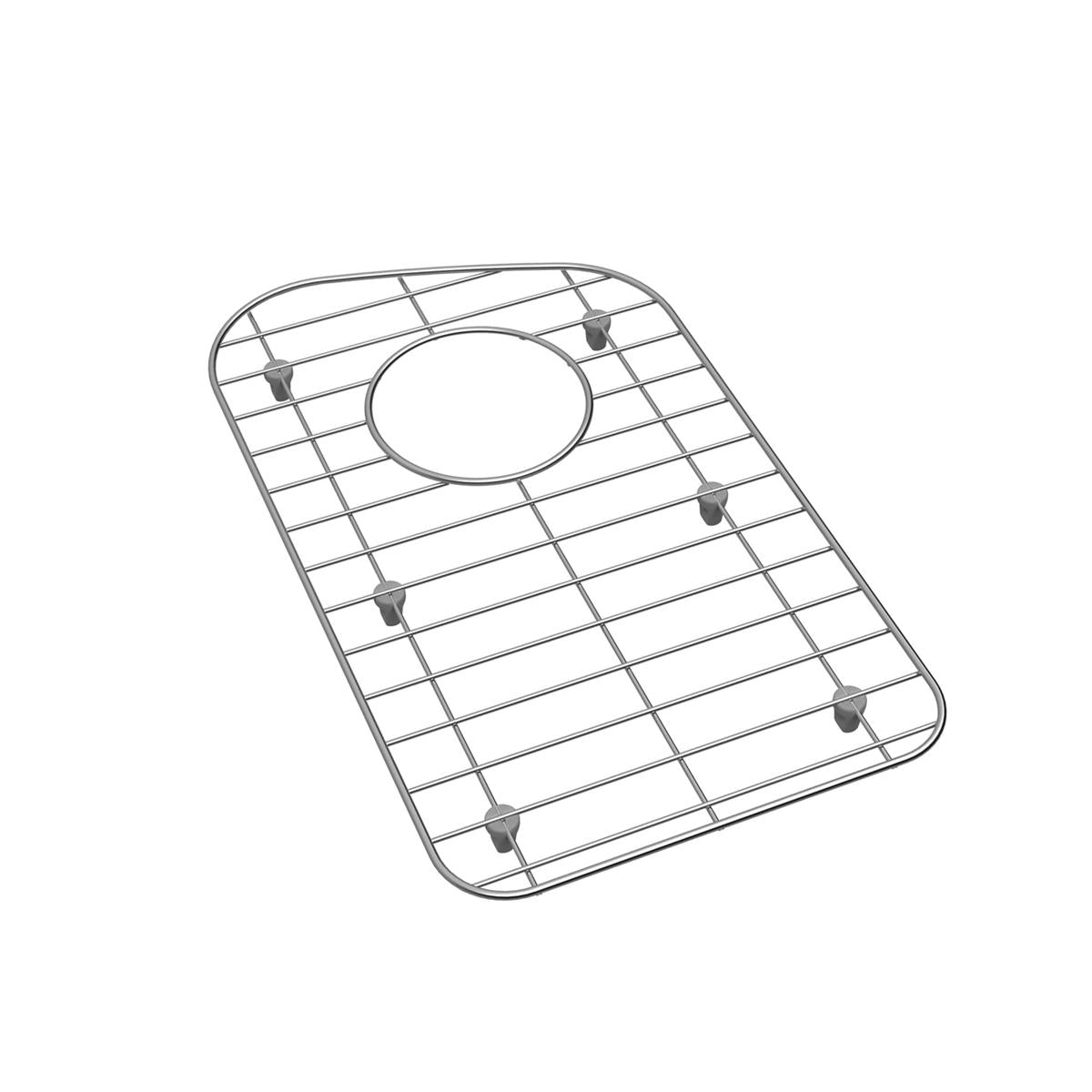 Stainless steel sink grid with rectangular grid pattern, center drain hole, and four rubber feet.