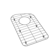 Stainless steel sink grid with rectangular grid pattern, center drain hole, and four rubber feet.