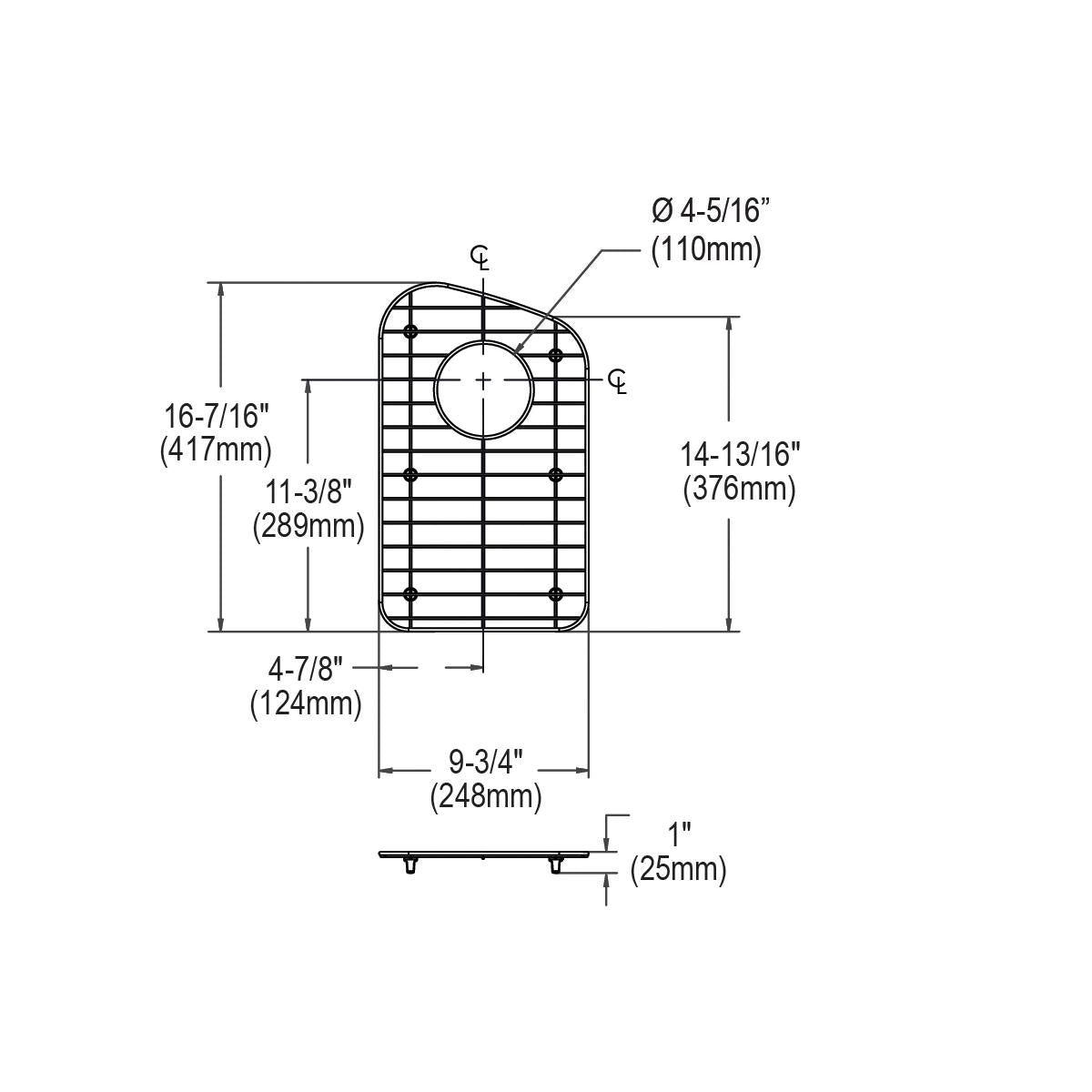 Stainless steel sink bottom grid with rectangular mesh pattern and circular drain opening, technical schematic with dimension
