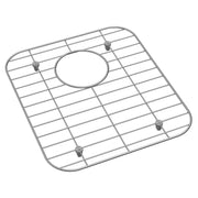 Stainless steel sink grid with rectangular openings and circular center hole, featuring four corner feet.