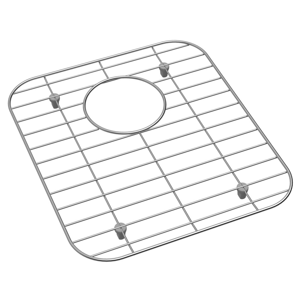 Stainless steel sink grid with rectangular openings and circular center hole, featuring four corner feet.