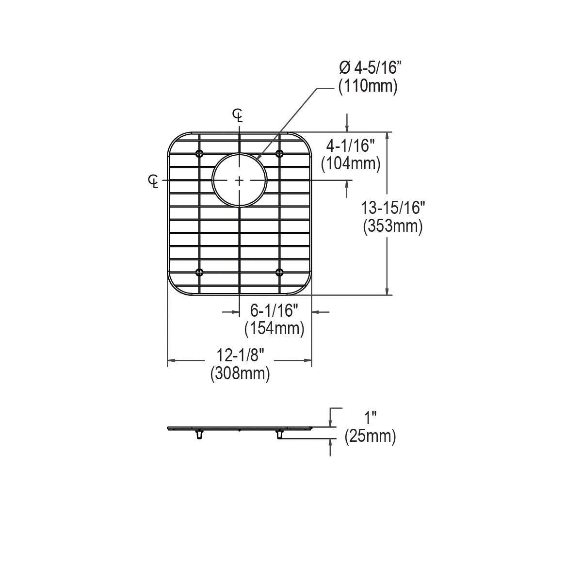 Stainless steel sink bottom grid with parallel wire pattern and center drain hole, dimensions 12-1/8" x 13-15/16" x 1".