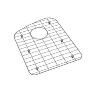 Stainless steel sink grid with wire mesh pattern and circular center opening, featuring rubber feet for positioning.