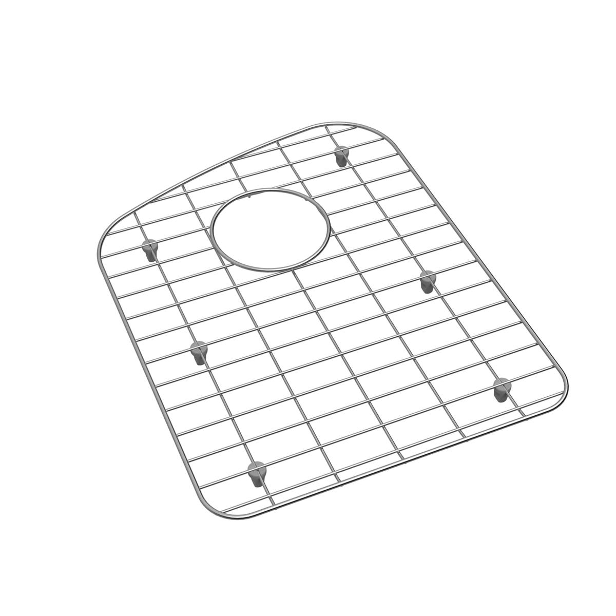 Stainless steel sink grid with wire mesh pattern and circular center opening, featuring rubber feet for positioning.