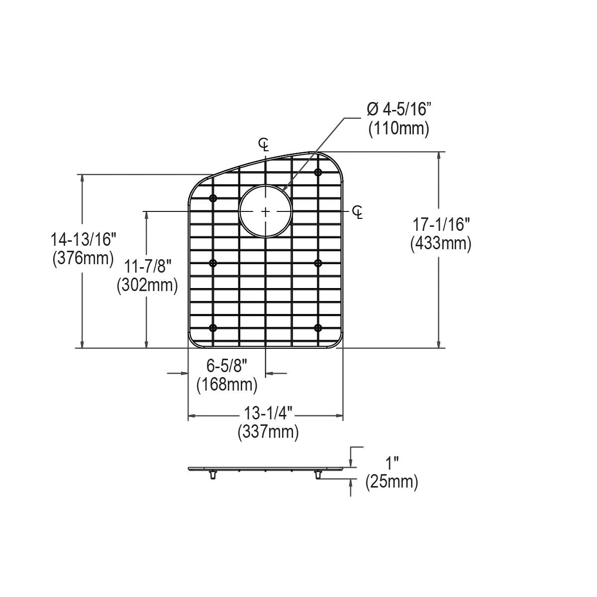 Stainless steel sink bottom grid with square pattern and circular drain opening, technical drawing with dimensions.
