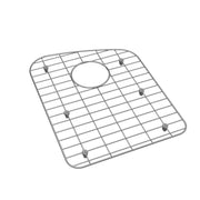Stainless steel sink grid with grid pattern, center drain opening, and rubber feet for left side placement.