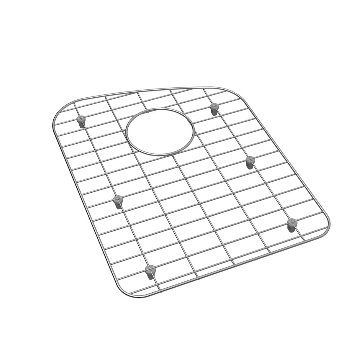 Stainless steel sink grid with grid pattern, center drain opening, and rubber feet for left side placement.