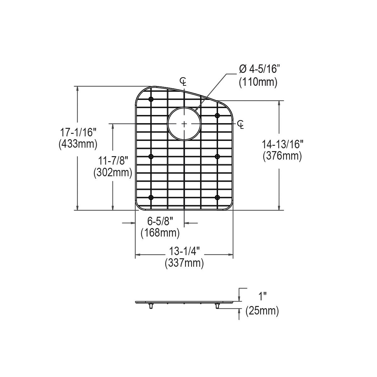 Stainless steel sink bottom grid with square pattern and rounded corners, shown in top and side views with dimensions.