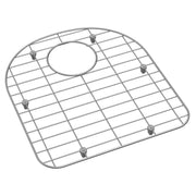 Stainless steel sink grid with rounded square shape, wire mesh pattern, and center drain opening with mounting feet.