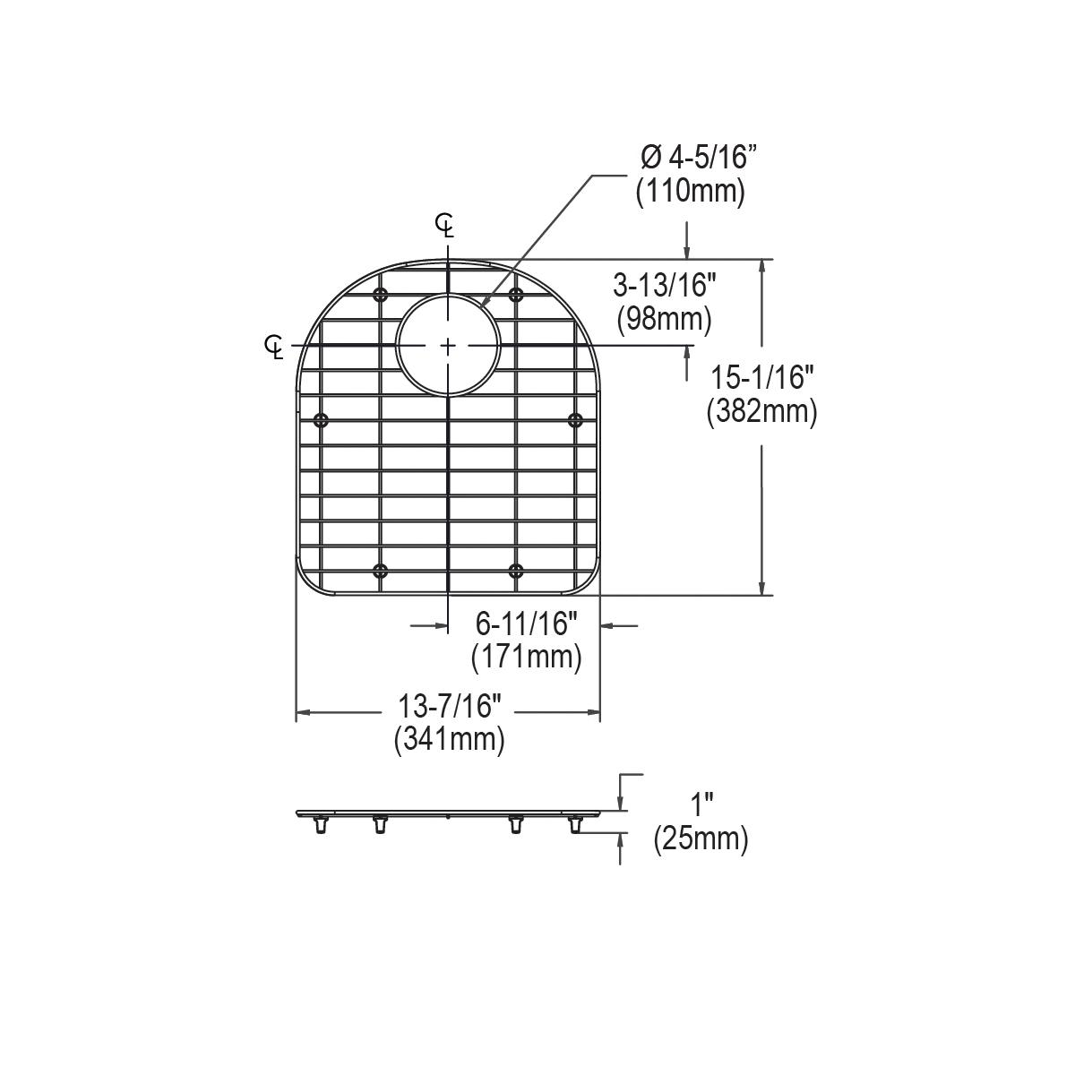 Stainless steel sink bottom grid with square lattice pattern and center drain opening, 13-7/16" x 15-1/16" x 1" height.