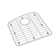 Stainless steel sink grid with rectangular shape, grid pattern, center drain hole, and rubber feet.