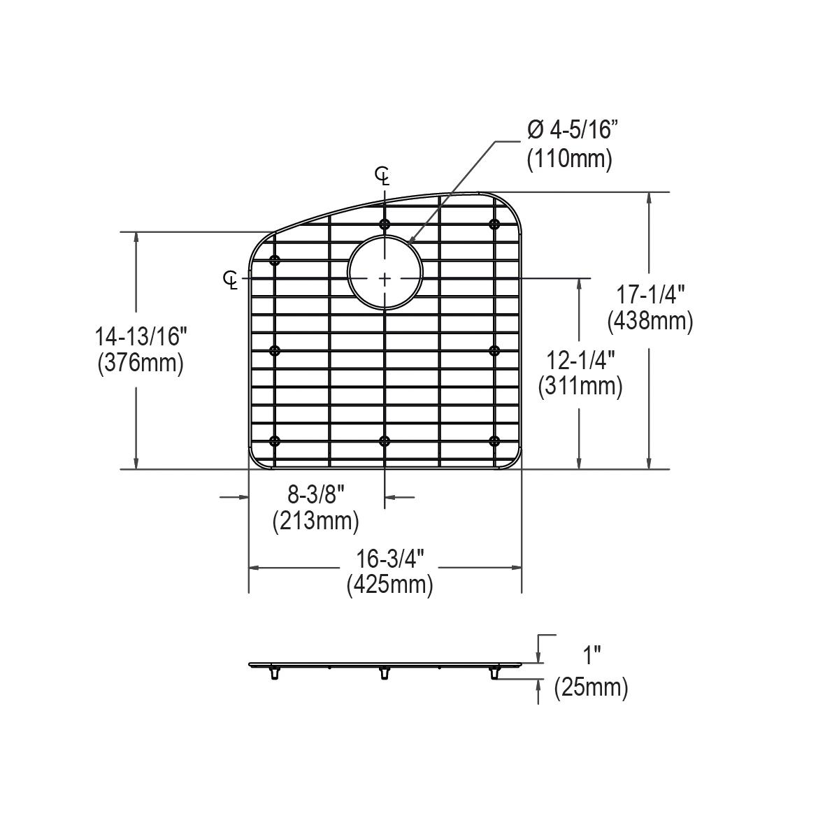Stainless steel sink bottom grid with square mesh pattern and circular center drain opening, shown with dimension measurement