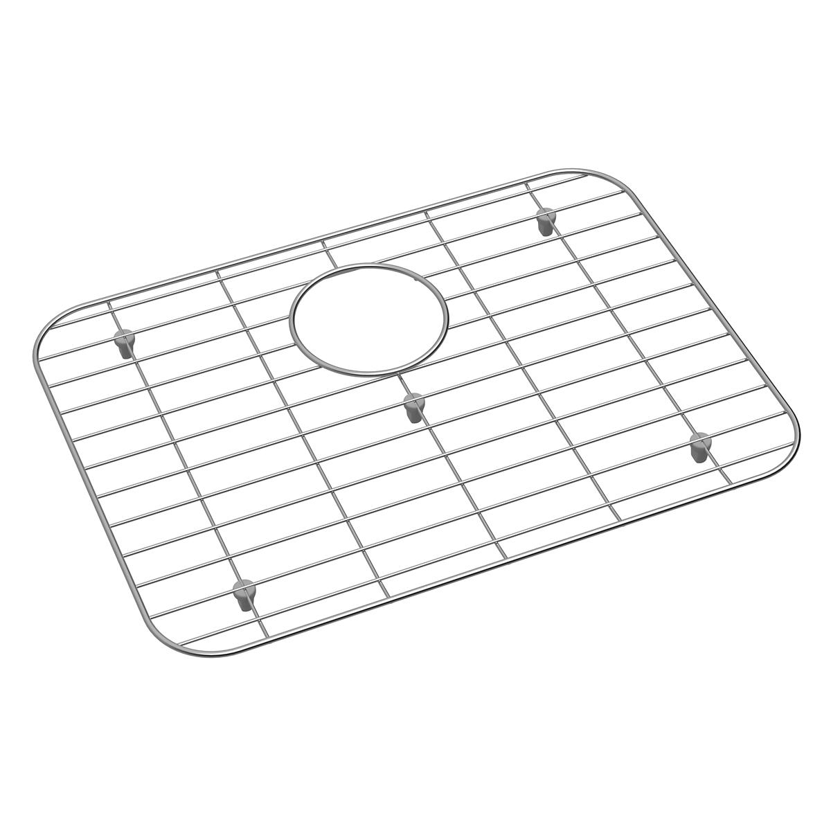 Stainless steel sink grid with rectangular wire pattern and center drain opening, secured with mounting feet.