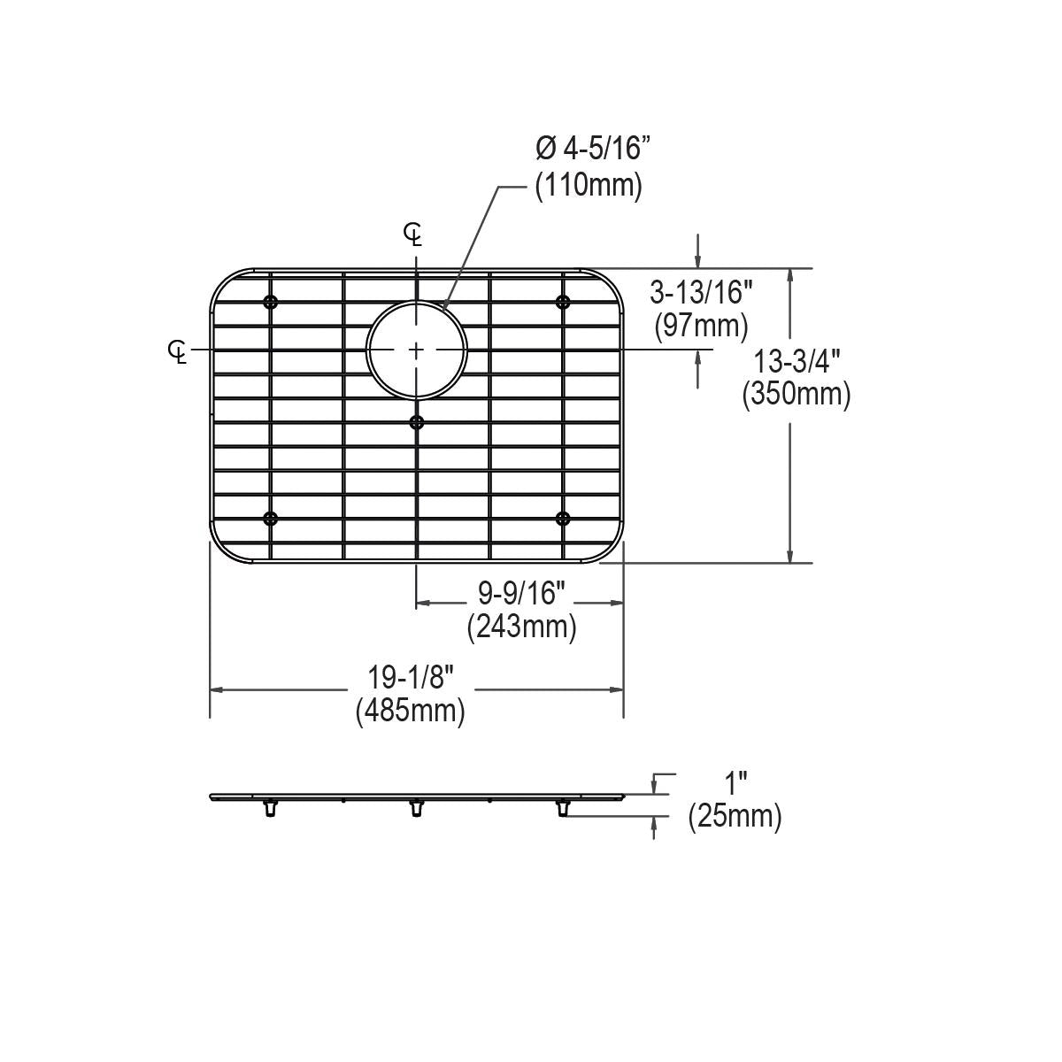 Stainless steel bottom grid with rectangular shape, grid pattern, and circular drain opening shown in top and side view techn