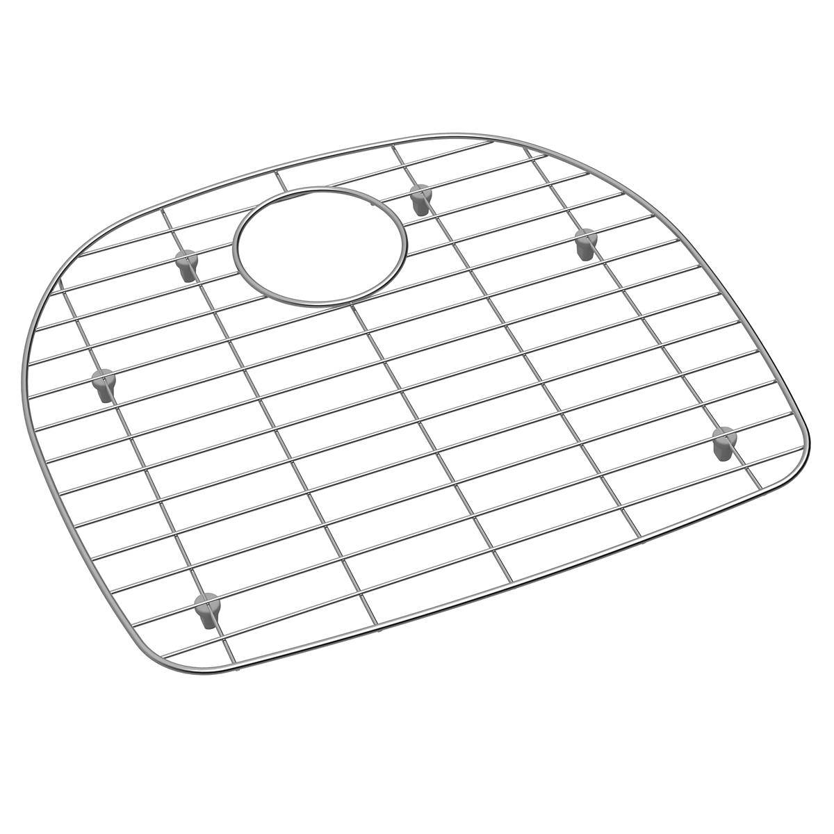 Stainless steel sink grid with square mesh pattern and circular center opening, featuring corner feet.