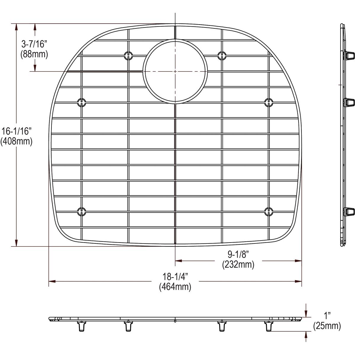 Stainless steel sink grid with rounded corners, rectangular grid pattern, and circular drain hole, shown from top and side vi