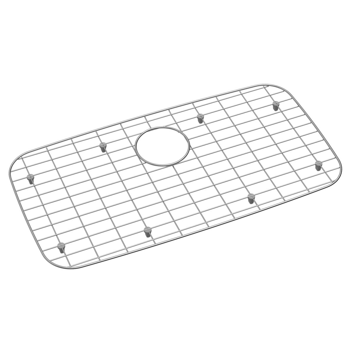 Stainless steel sink grid with rectangular wire mesh pattern, rounded corners, center drain opening, and rubber feet.