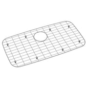 Stainless steel sink grid with rectangular wire mesh pattern, rounded corners, center drain opening, and rubber feet.