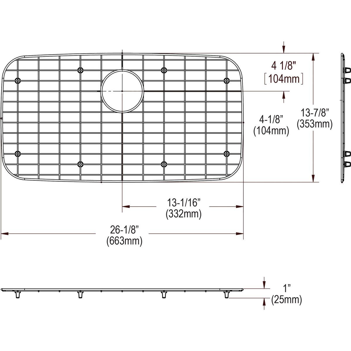 Stainless steel sink bottom grid with square mesh pattern and center drain opening, shown in top and side views with dimensio