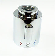 Grohe chrome temperature scale handle with red and blue indicators and central lever control.