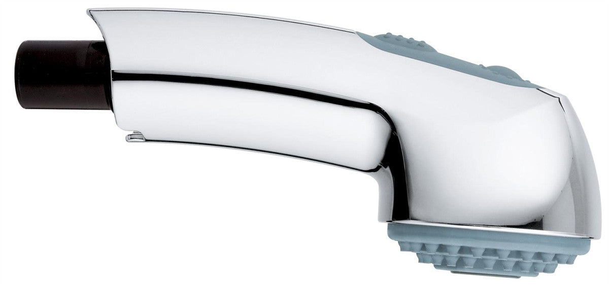 Chrome pull-out kitchen faucet head with dual spray function and black handle grip.